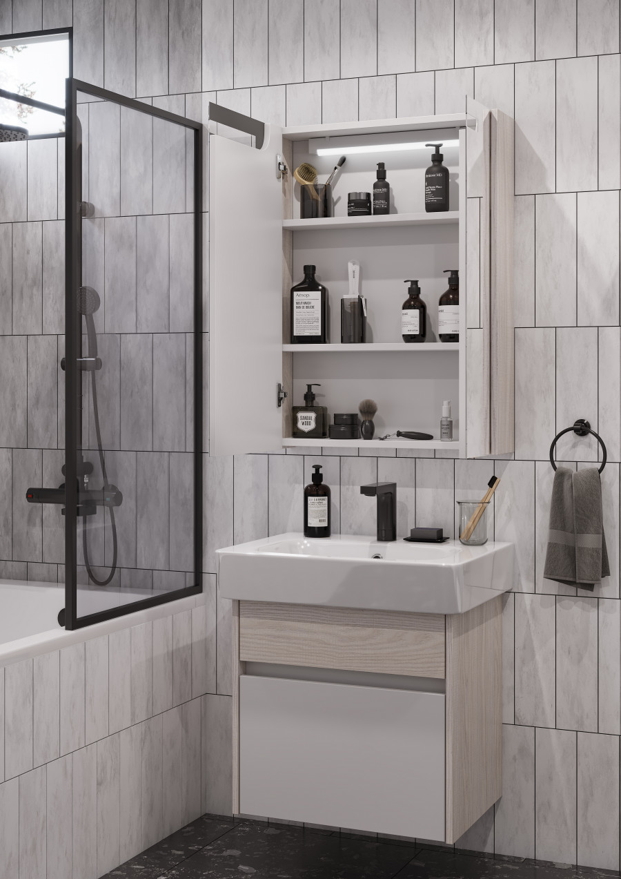 Зеркальный шкаф ВЕРДИ 60, белый, ясень фабрик