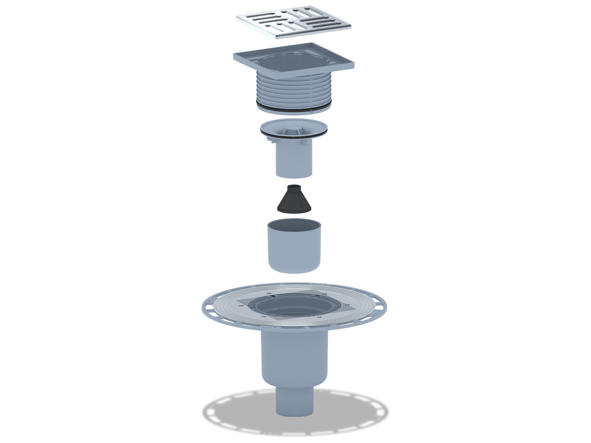 Трап для душа АНИ Пласт THZ5714 DN50 высокий вертикальный регулируемый с комбинированным затвором и решёткой из нержавеющей стали 120х120 мм