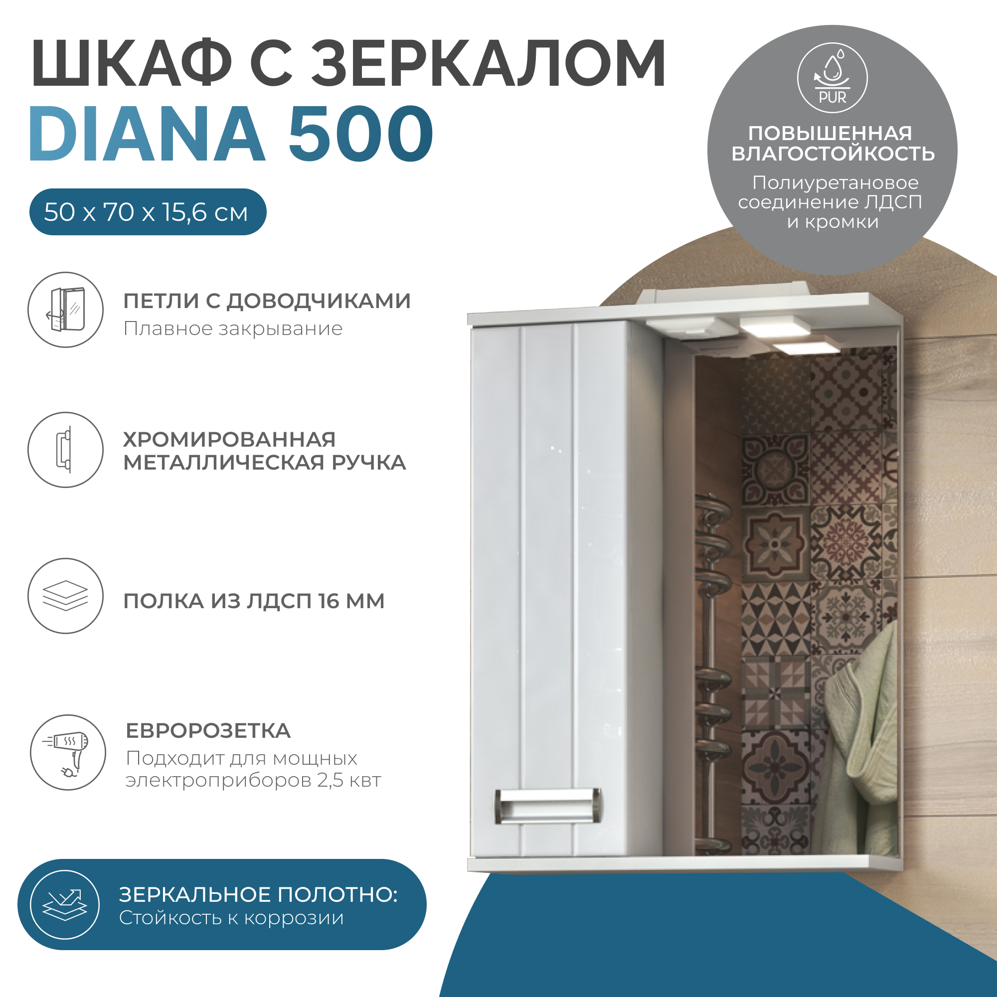 Зеркало со шкафом VIGO Diana 50 подвесное белый (z.DIA.50.L.El)