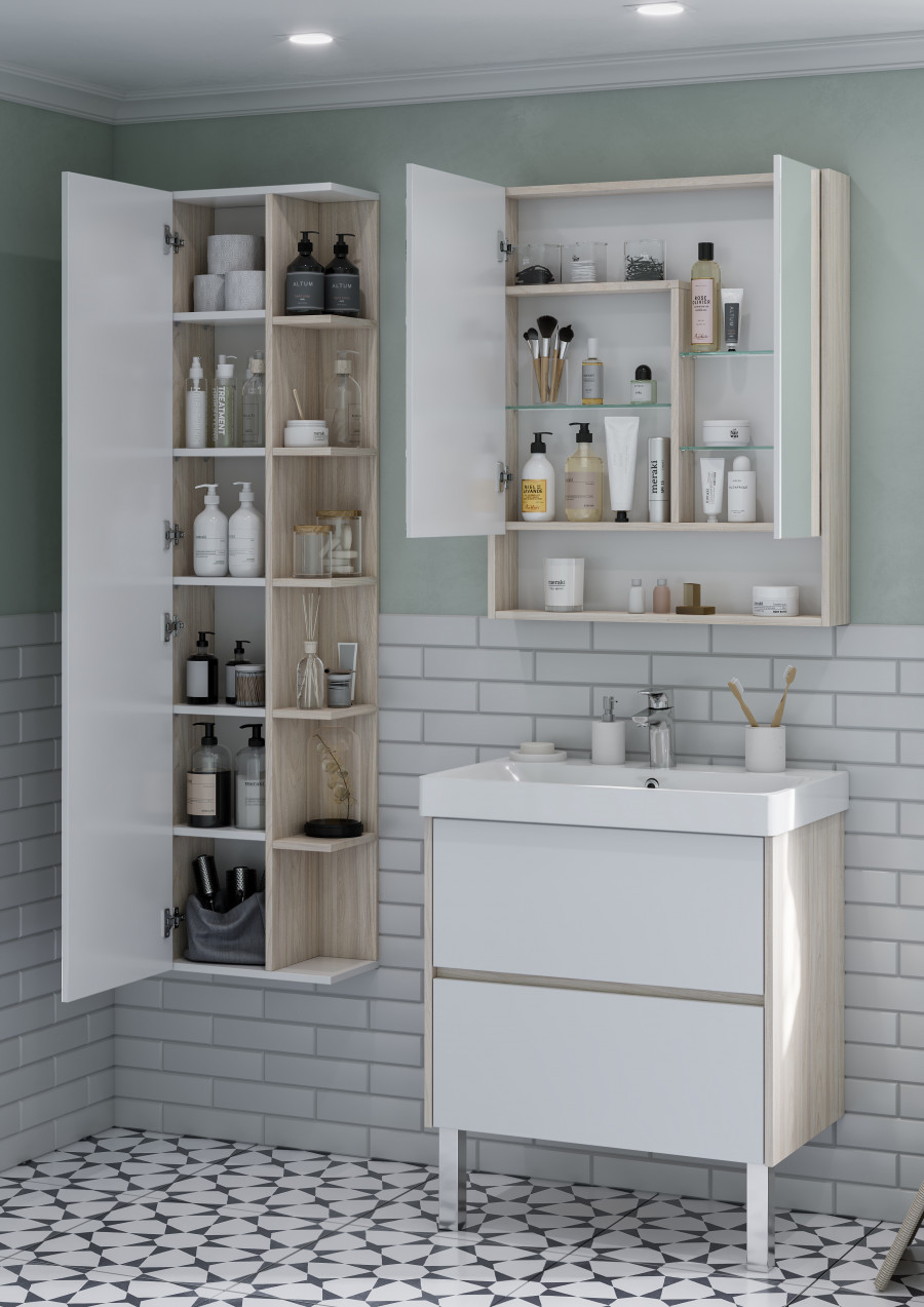 Зеркальный шкаф СКАНДИ 70, белый, дуб верона