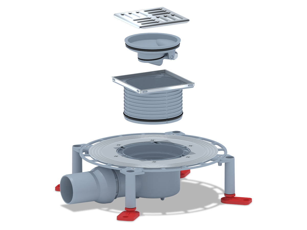 Трап для душа АНИ Пласт TVQ5602 DN50 горизонтальный регулируемый с сухим затвором и решёткой из нержавеющей стали 100х100 мм