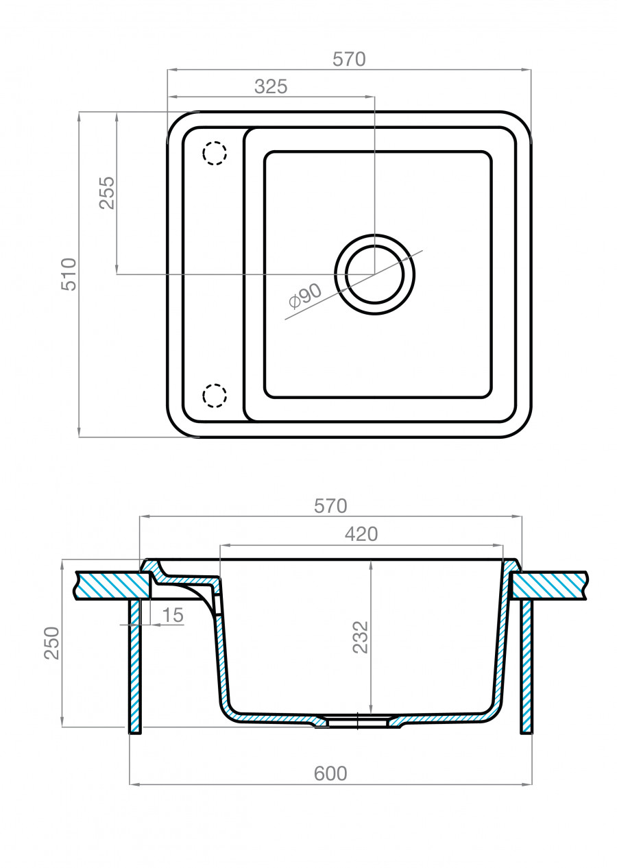 Мойка для кухни  Беллис 57 570x510x250 мм, прямоуг., песочный