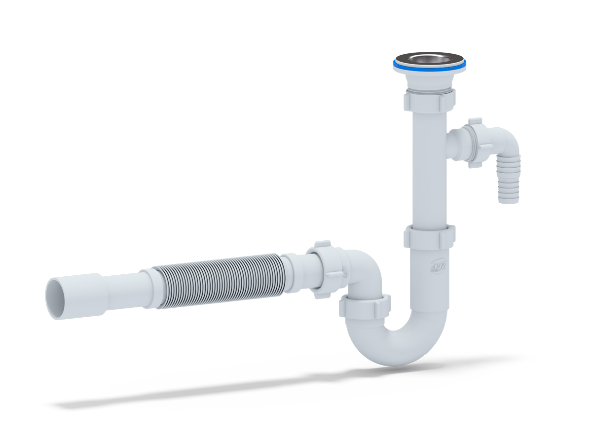 Сифон для раковины АНИ Пласт DB1315 1 1/4 дюйма 32 прямоточный с отводом для стиральной машины и гибкой трубой 32х32/40