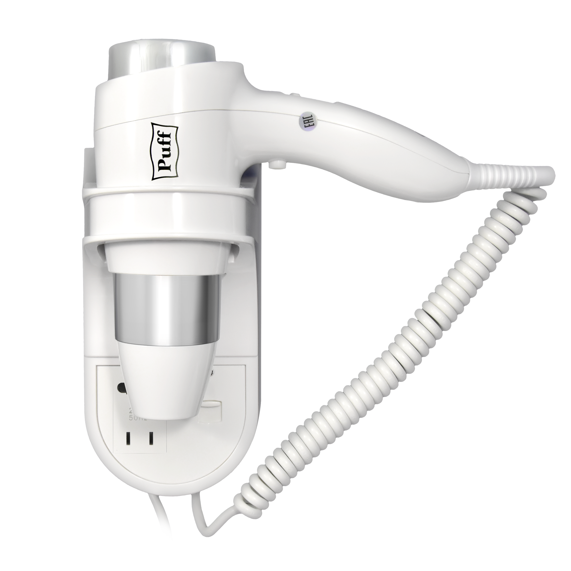 Фен для волос настенный PUFF-1600В белый, с розеткой, 1,6 кВт (0405.009)