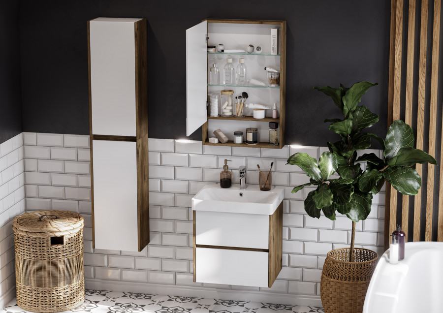 Зеркальный шкаф СКАНДИ 55, белый, дуб рустикальный