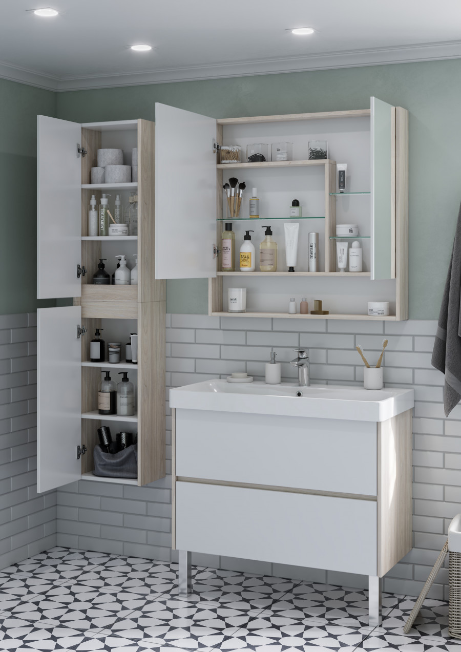 Зеркальный шкаф СКАНДИ 90, белый, дуб верона