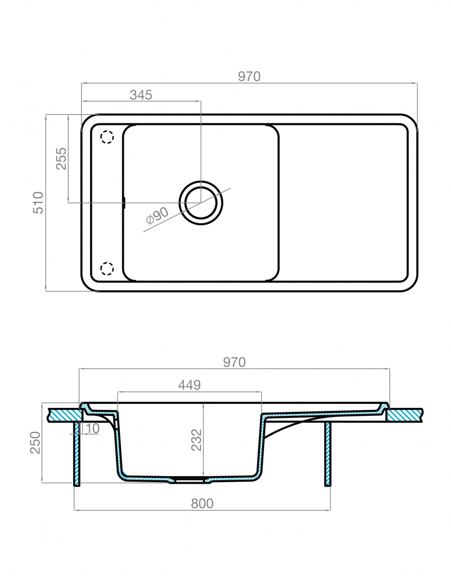 Мойка для кухни  Беллис 97 970x510x250 мм, прямоуг., серый