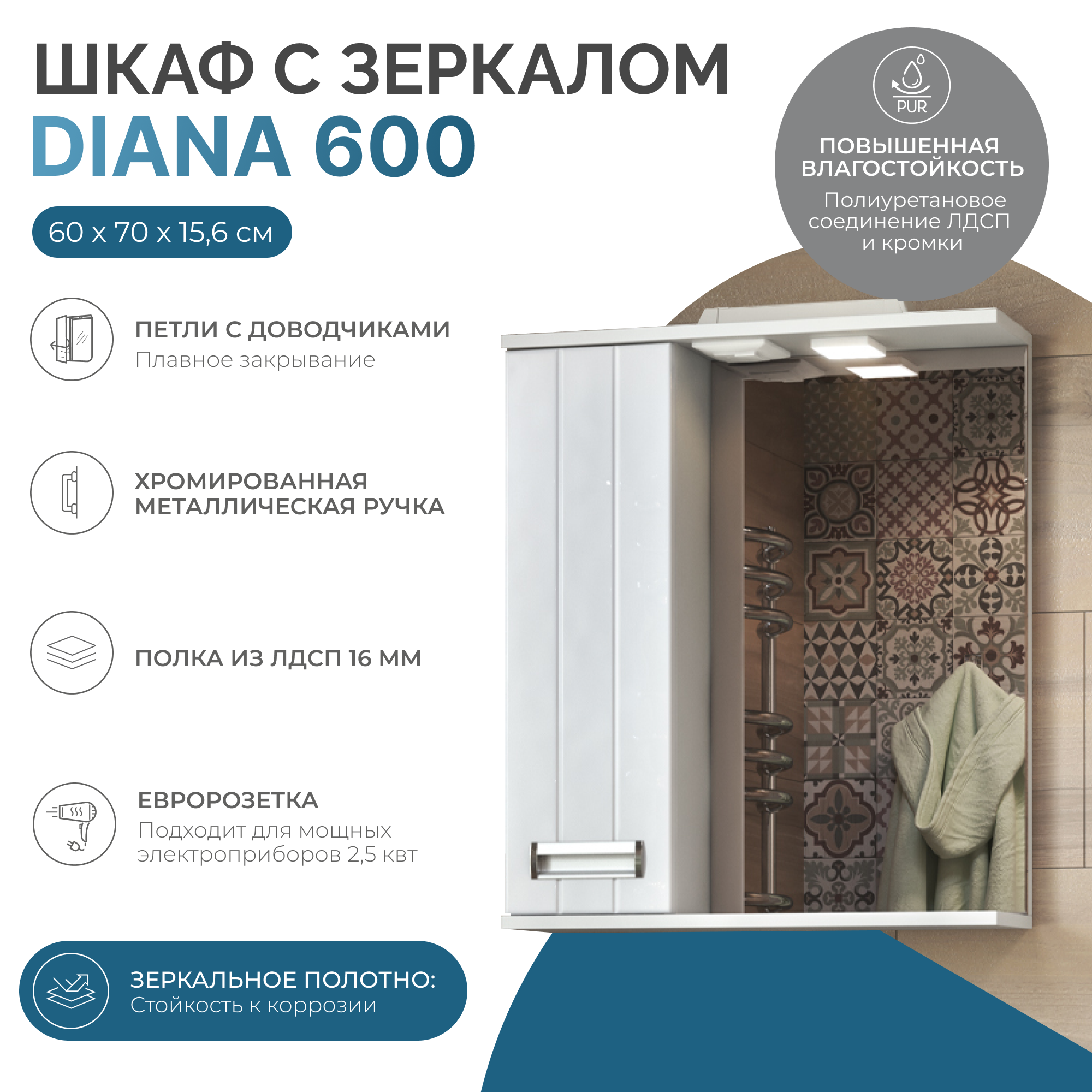Зеркало со шкафом VIGO Diana 60 подвесное белый (z.DIA.60.L.El)