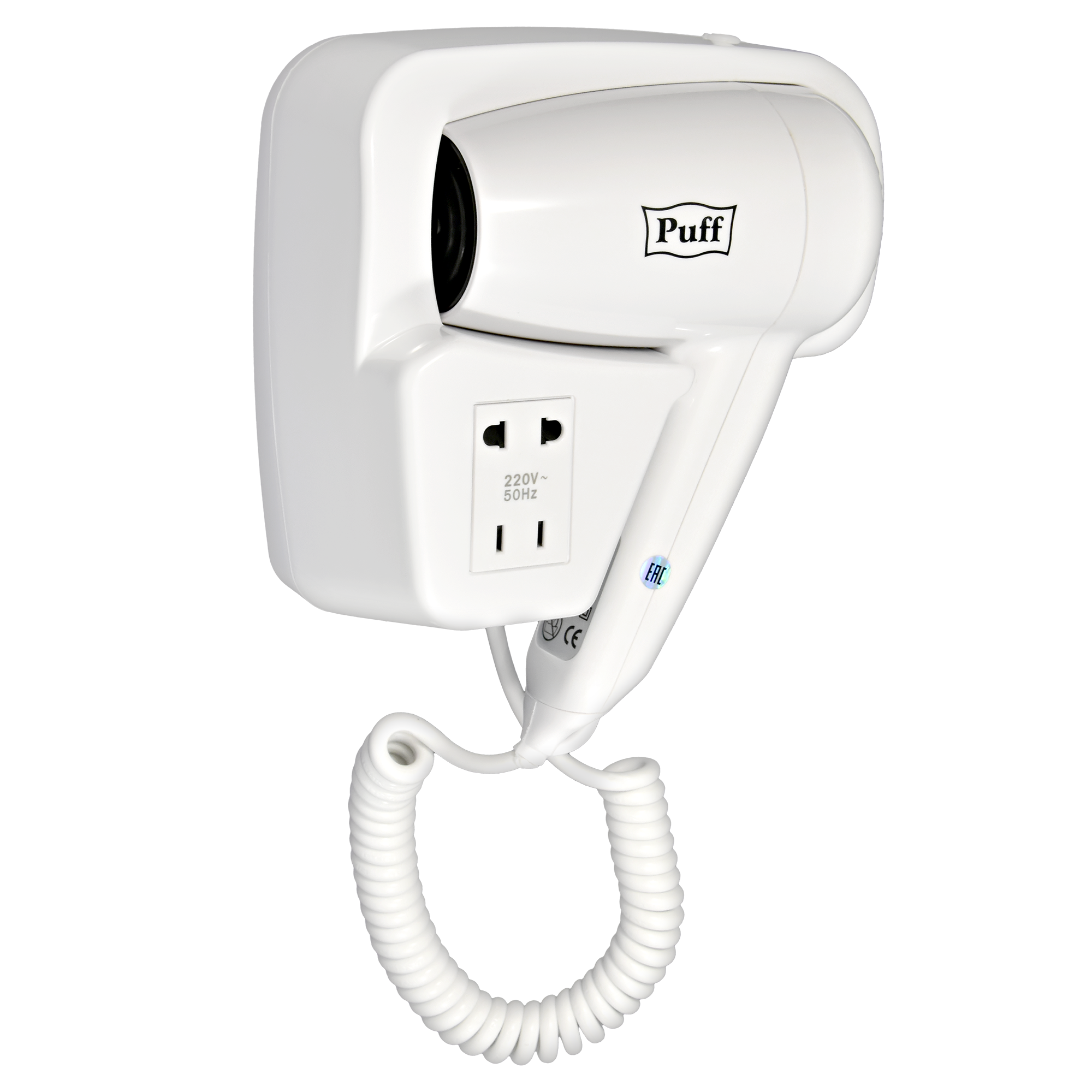 Фен для волос настенный PUFF-1200B белый, с розеткой, 1,2 кВт (1405.002)