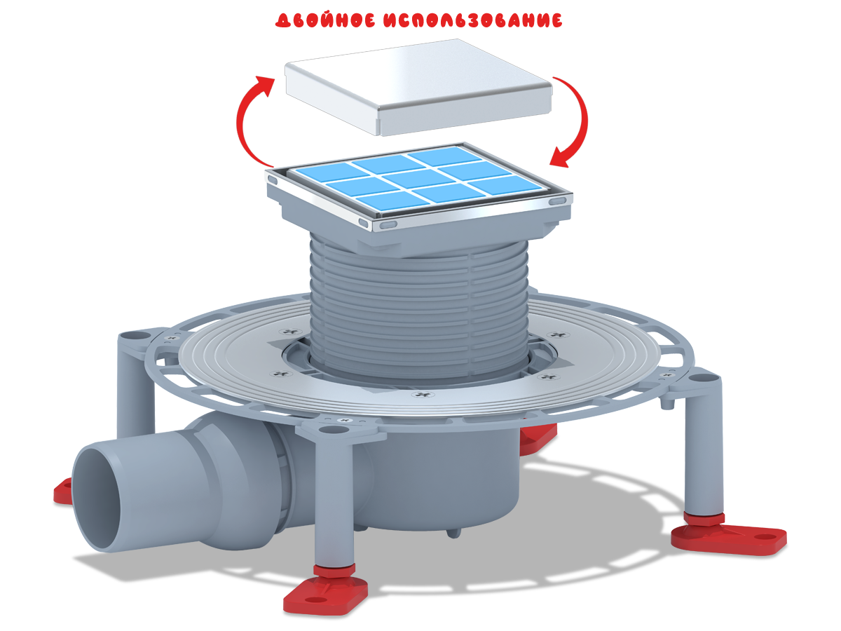 Трап для душа АНИ Пласт TVZ5802 DN50 горизонтальный регулируемый с комбинированным затвором и решёткой из нержавеющей стали 100х100 мм под плитку