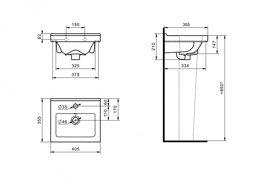Умывальник Визит-40 (405х355) с переливом белый SANTERI