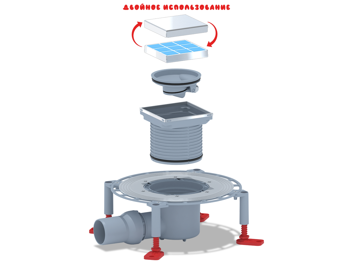 Трап для душа АНИ Пласт THQ5802 DN 50 горизонтальный регулируемый с сухим затвором и решёткой из нержавеющей стали 100х100 мм под плитку
