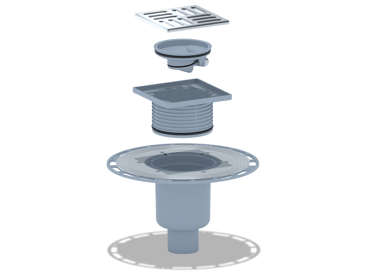 Трап для душа АНИ Пласт THQ5714 DN50 вертикальный регулируемый с сухим затвором и решёткой из нержавеющей стали 120х120 мм