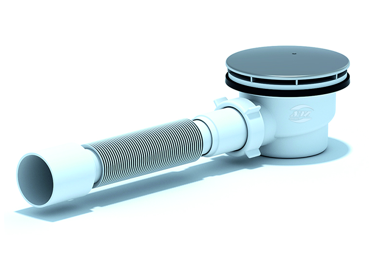 Сифон для душевого поддона АНИ Пласт E325C 1 1/2 дюйма 90 высота 65 хром с гибкой трубой 40х50