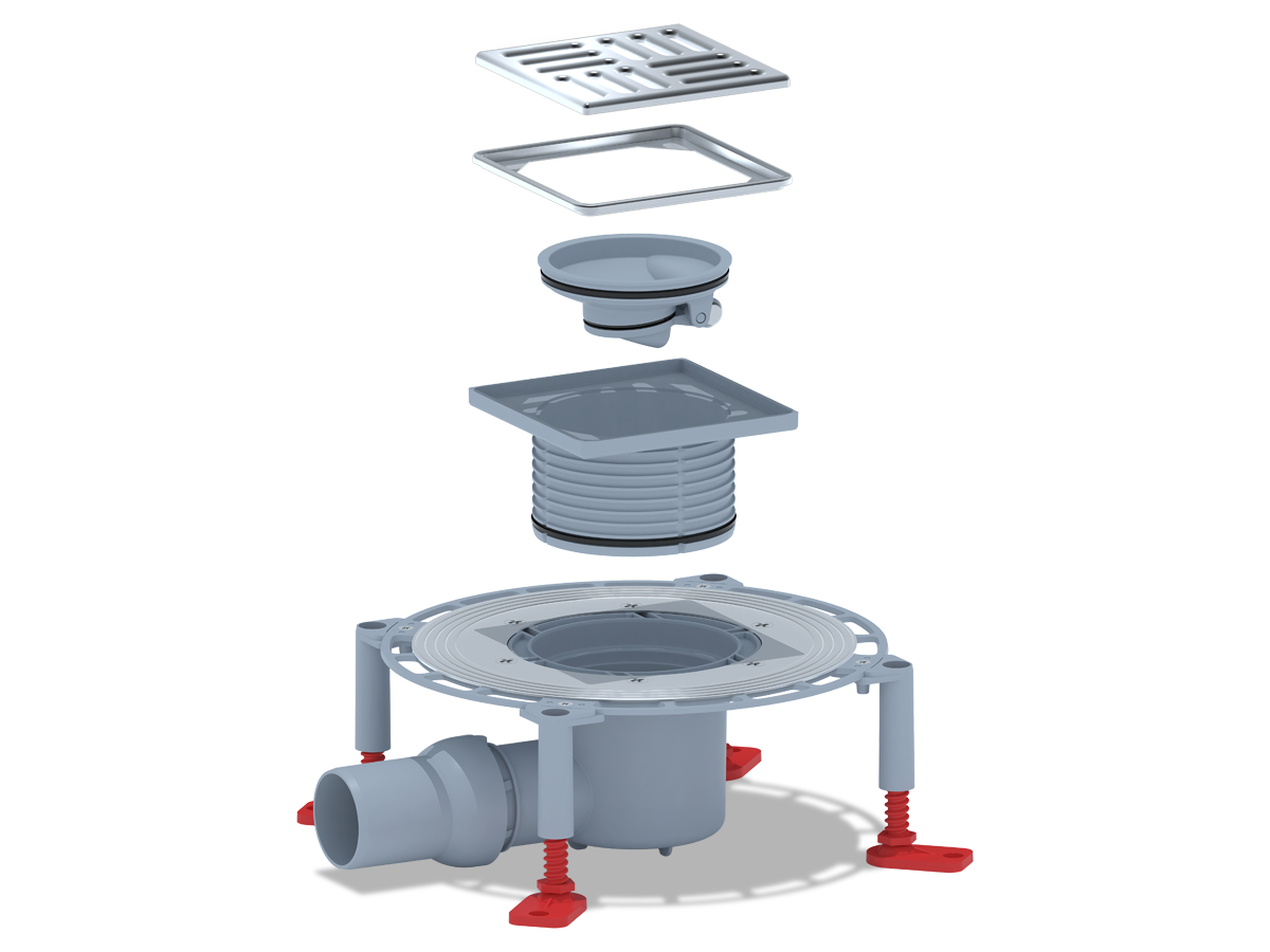 Трап для душа АНИ Пласт THQ5614M DN50 горизонтальный регулируемый с сухим затвором, решёткой и обрешёткой из нержавеющей стали 120х120 мм