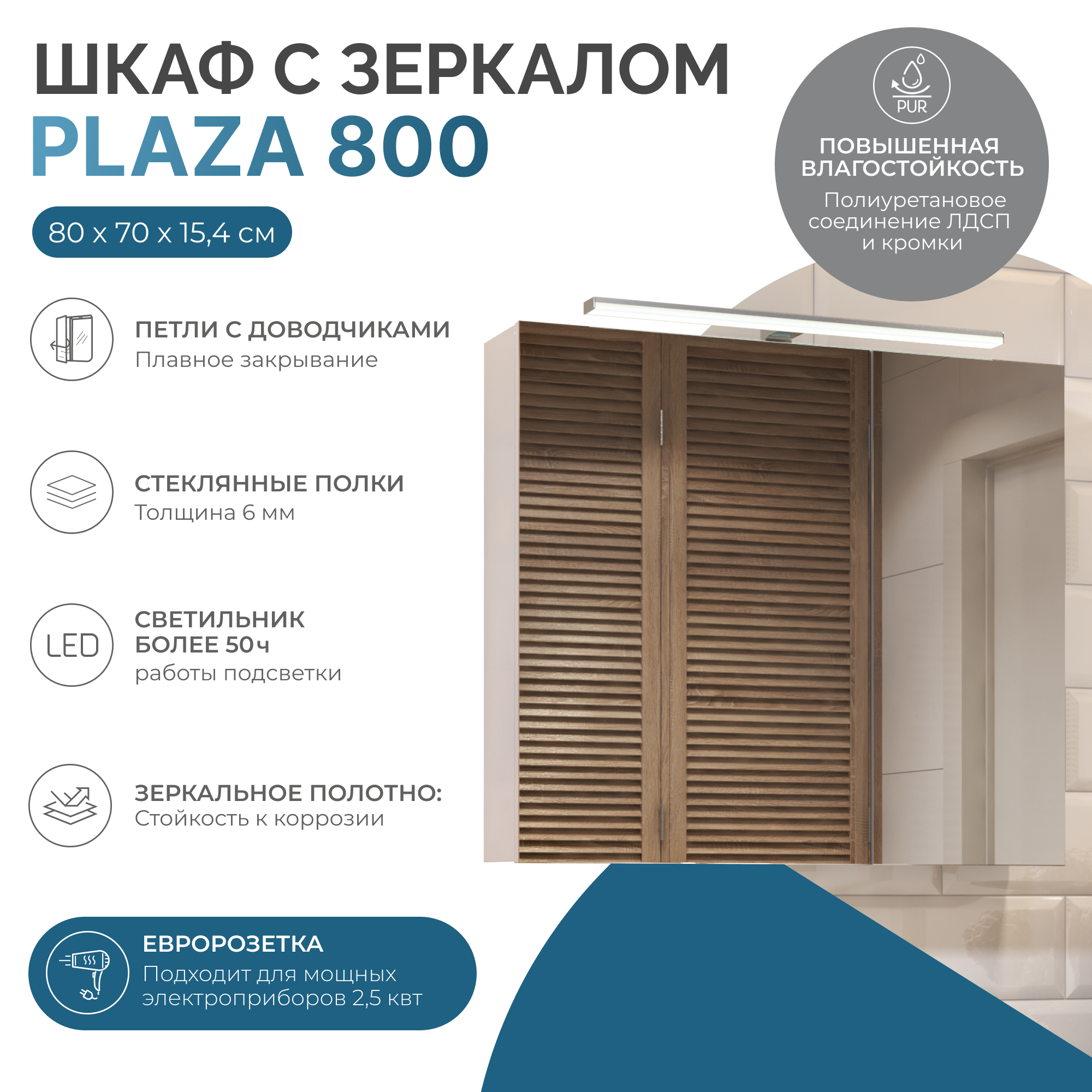 Зеркальный шкаф VIGO Plaza 80 подвесной белый (zsh.PLA.80.El)