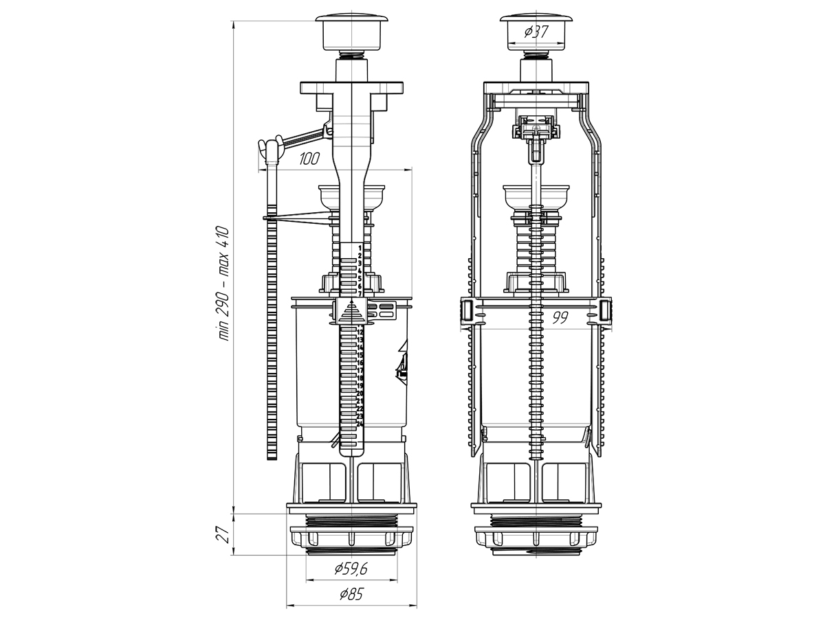 Арматура спускная эконом металлизированная кнопка, ANI PLAST