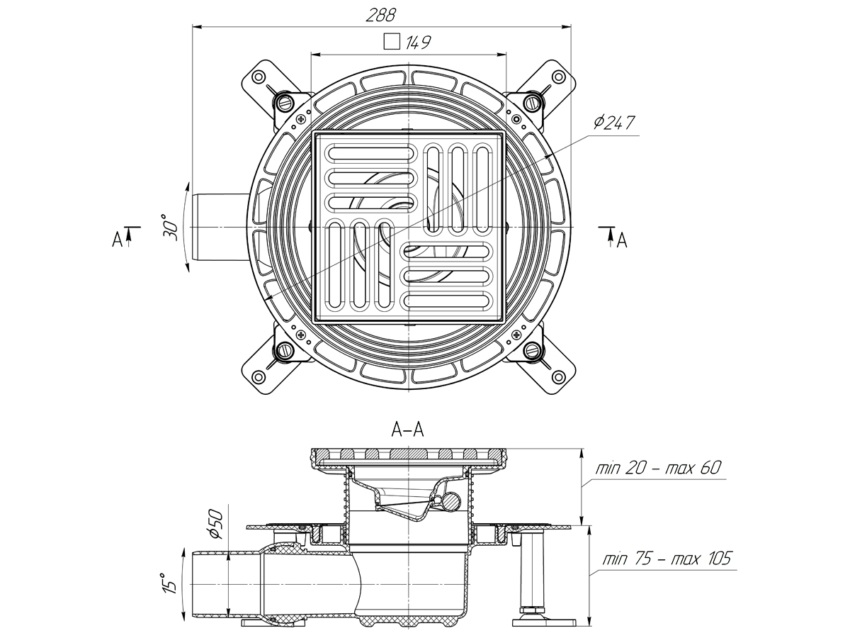 Трап для душа АНИ Пласт TVQ5616 DN50 горизонтальный регулируемый с сухим затвором и решёткой из чугуна 150х150 мм