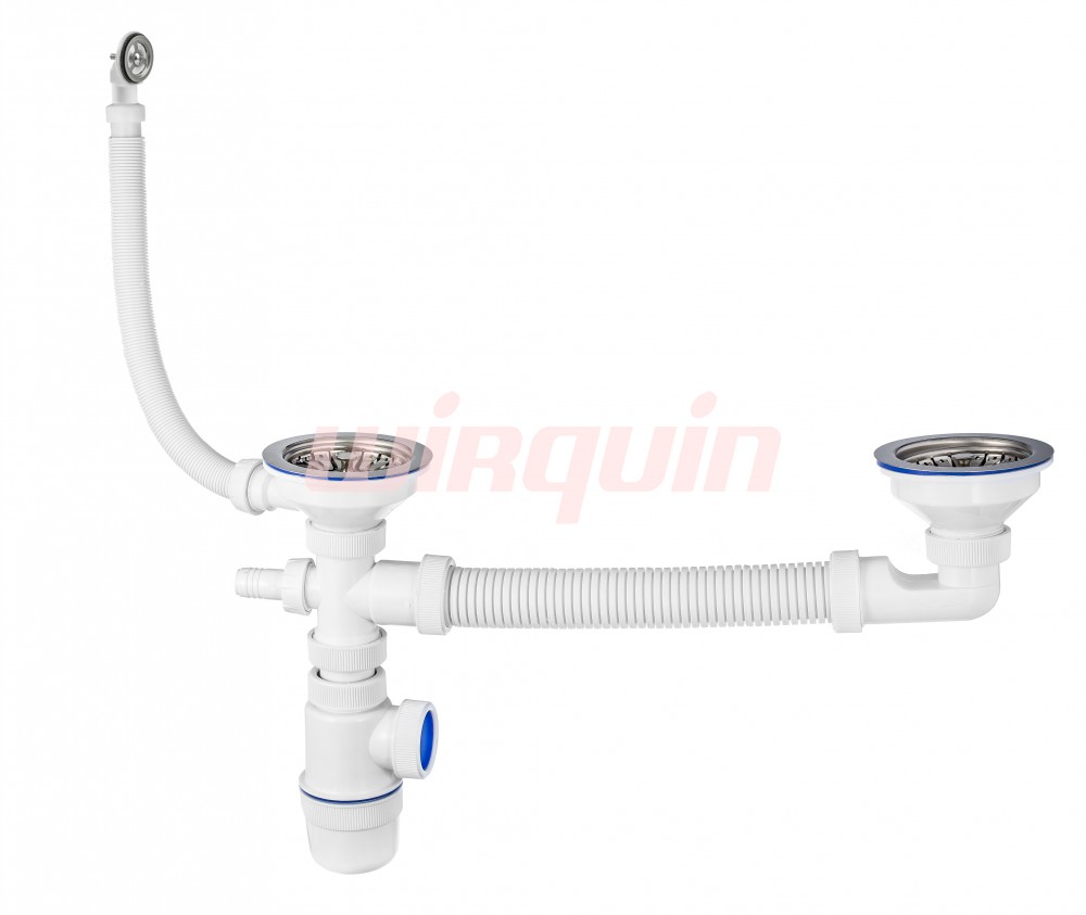 Сифон Элит для двойной разноуровневой мойки с нерж. ч. Ø114 мм, с отв. д/стир. машины WIRPLAST