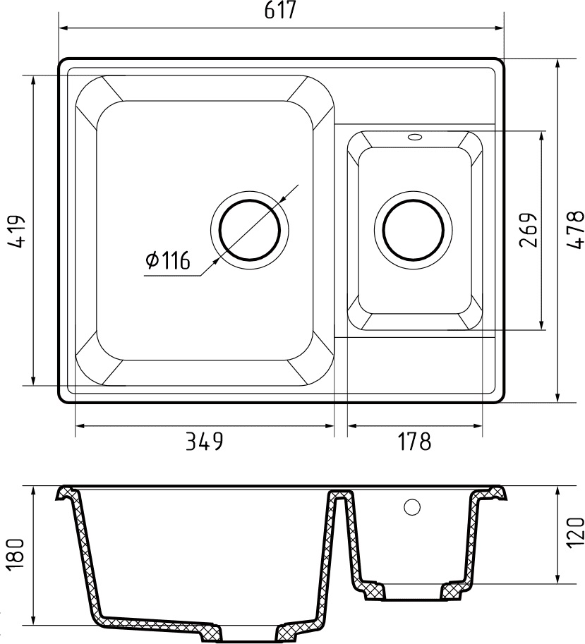 GranFest QUARZ (ECO-09) Мойка 1.5-чаш. 620*480 (черный)