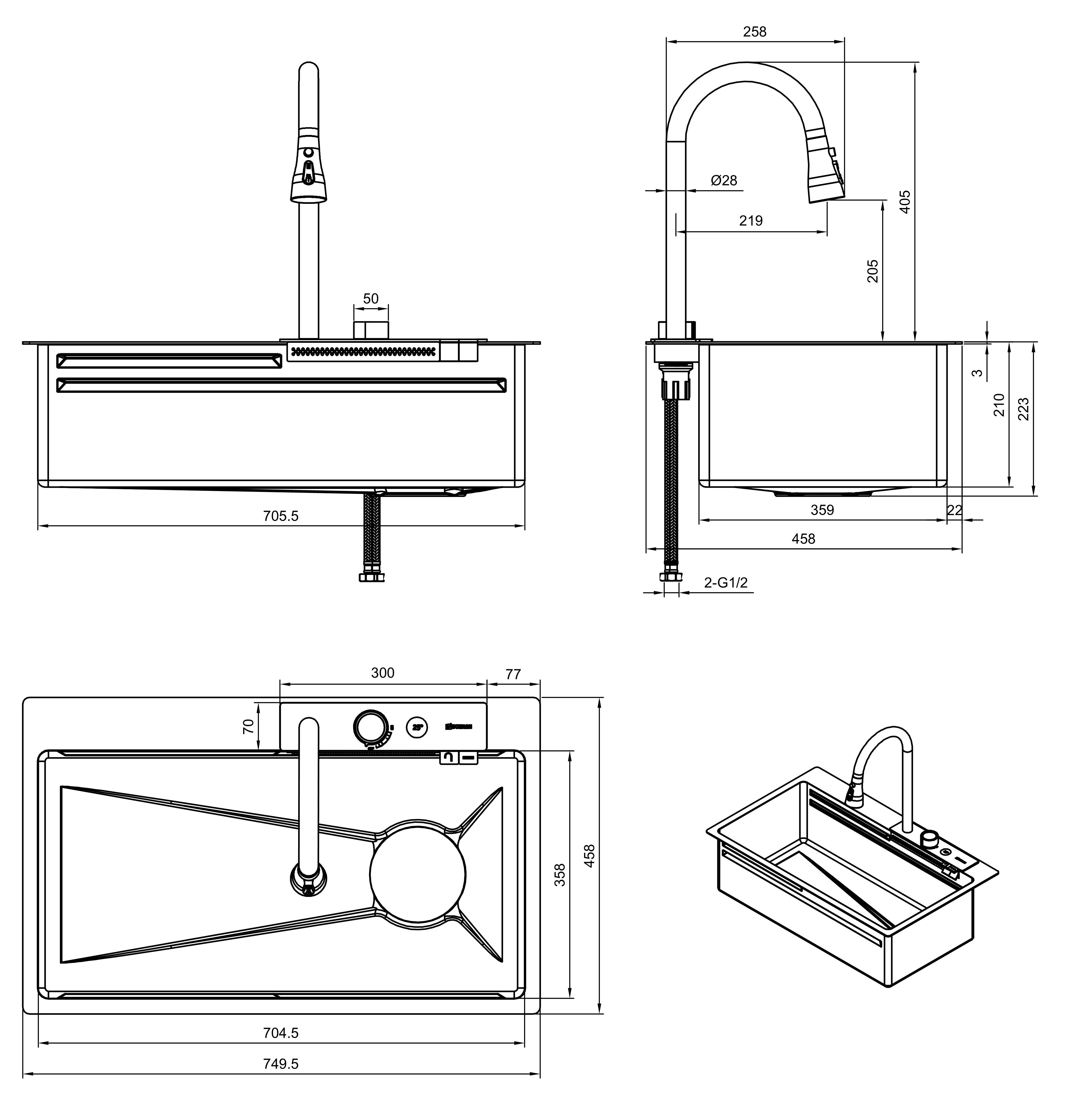 Кухонная мойка многофункциональная ПРОФСАН PSM-9953GR готовое решение со смесителем, нержавеющая сталь, графит