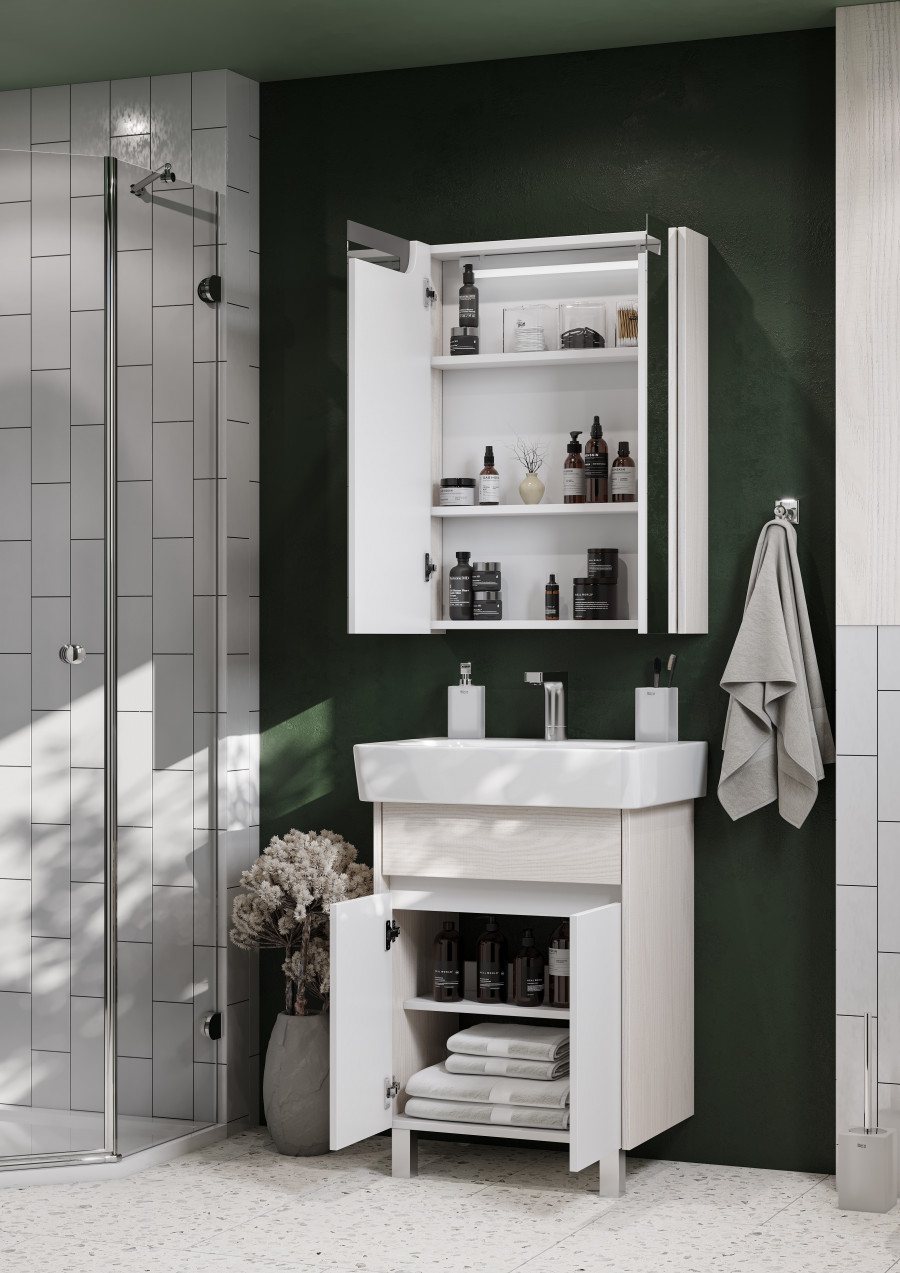 Зеркальный шкаф ВЕРДИ 60, белый, ясень фабрик