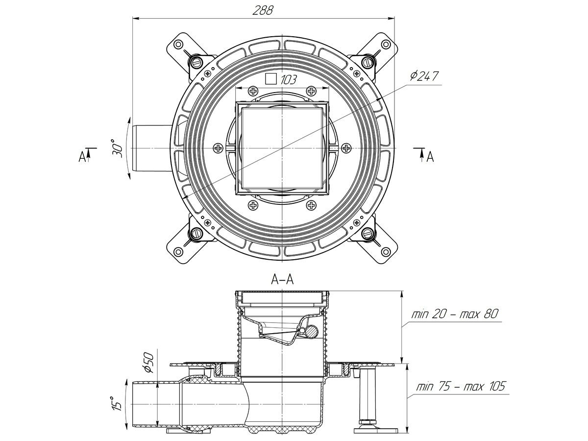 Трап для душа АНИ Пласт TVQ5802 DN50 горизонтальный регулируемый с сухим затвором и с решёткой из нержавеющей стали 100х100 мм под плитку