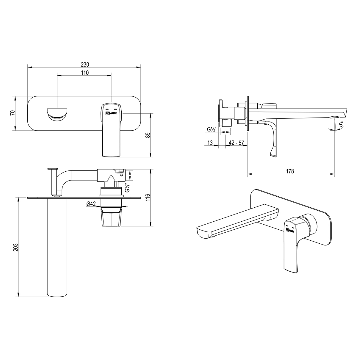 Ursus Смеситель для умывальника встраиваемый, матовое золото, LM, LM7226BG