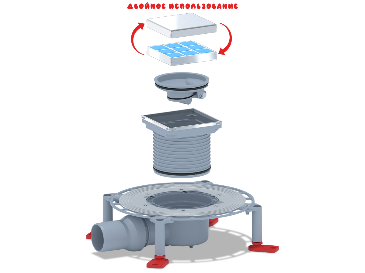 Трап для душа АНИ Пласт TVQ5802 DN50 горизонтальный регулируемый с сухим затвором и с решёткой из нержавеющей стали 100х100 мм под плитку