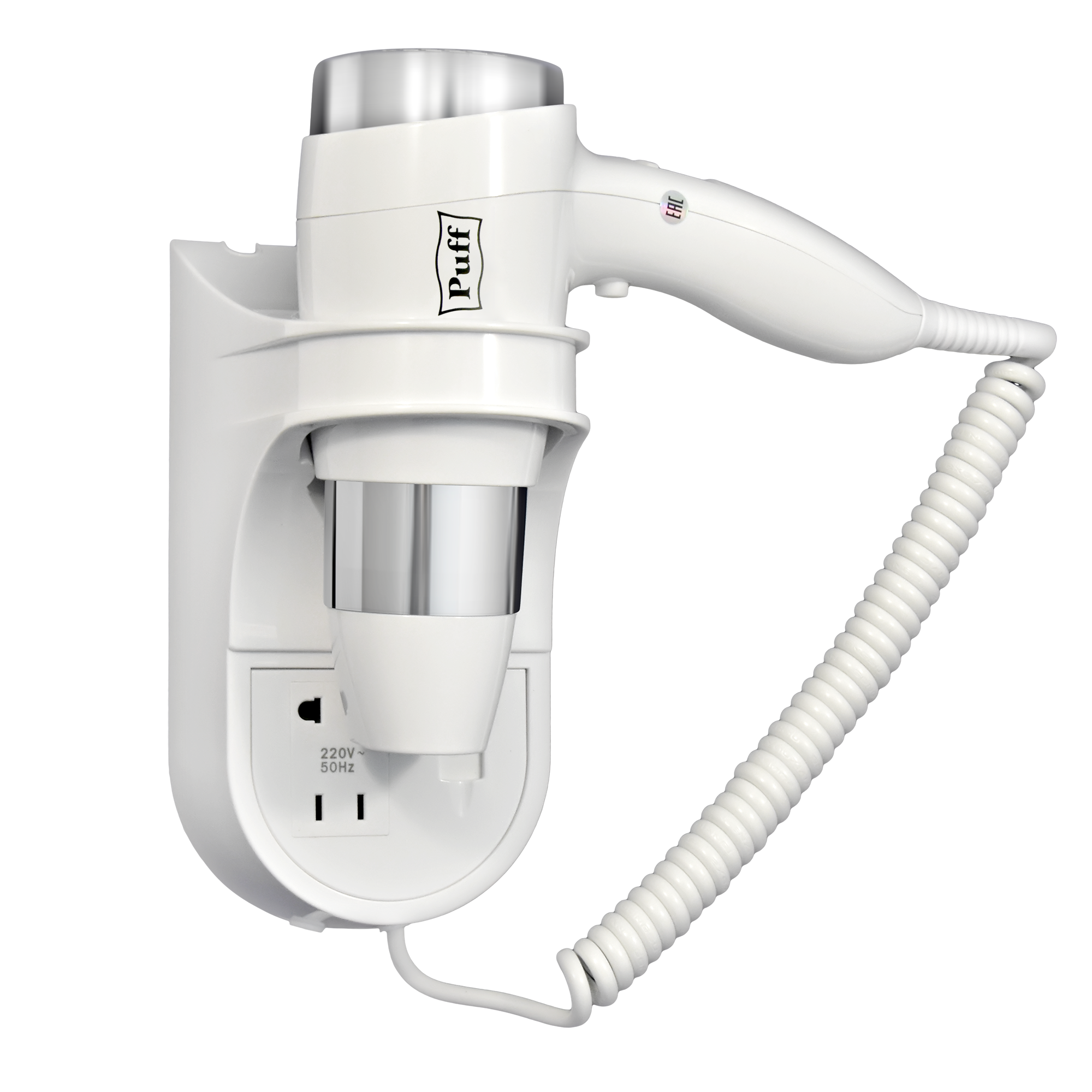 Фен для волос настенный PUFF-1600В белый, с розеткой, 1,6 кВт (0405.009)