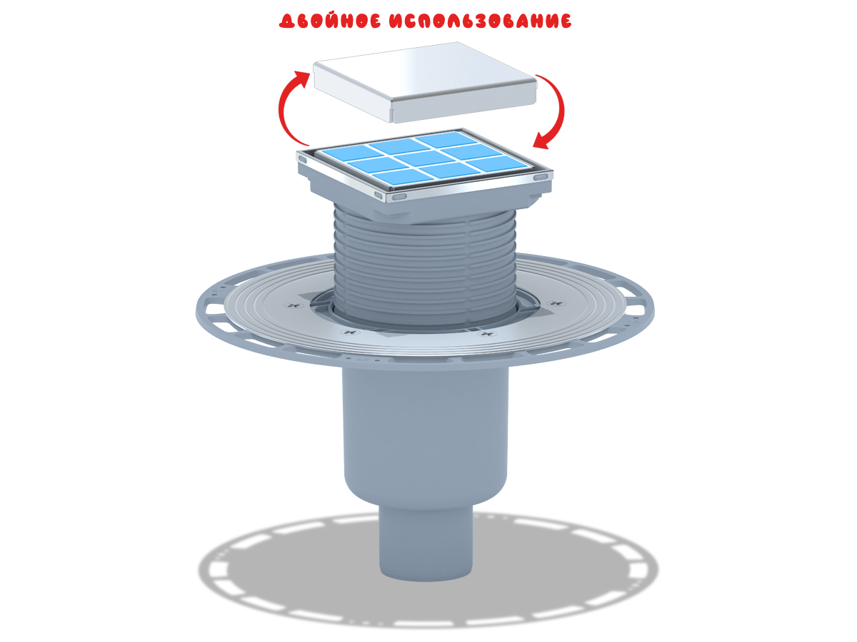 Трап для душа АНИ Пласт THZ5902 DN50 вертикальный регулируемый с комбинированным затвором и решёткой из нержавеющей стали 100х100 мм под плитку