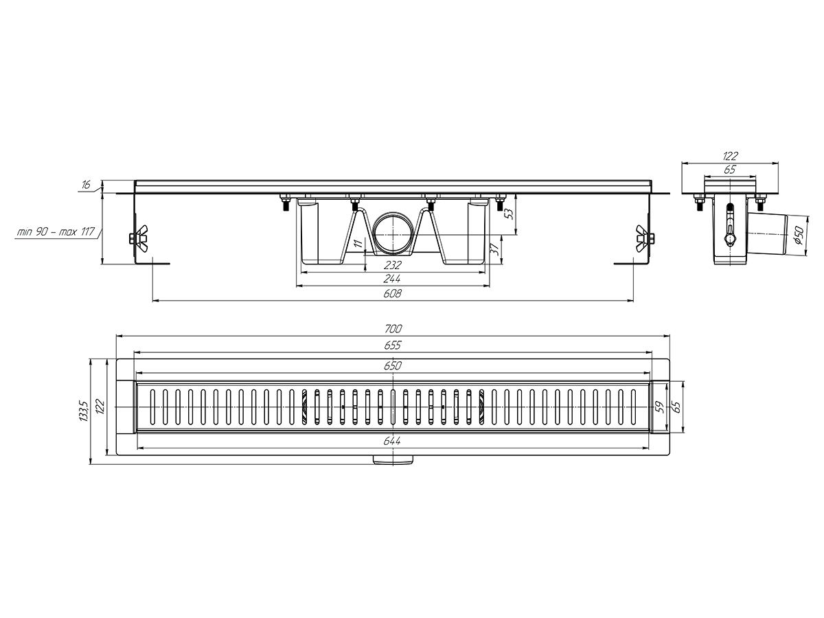 Трап линейный из нержавеющей стали АНИ Пласт TL2465G выпуск 50 мм решётка Бимс глянцевая 650 мм
