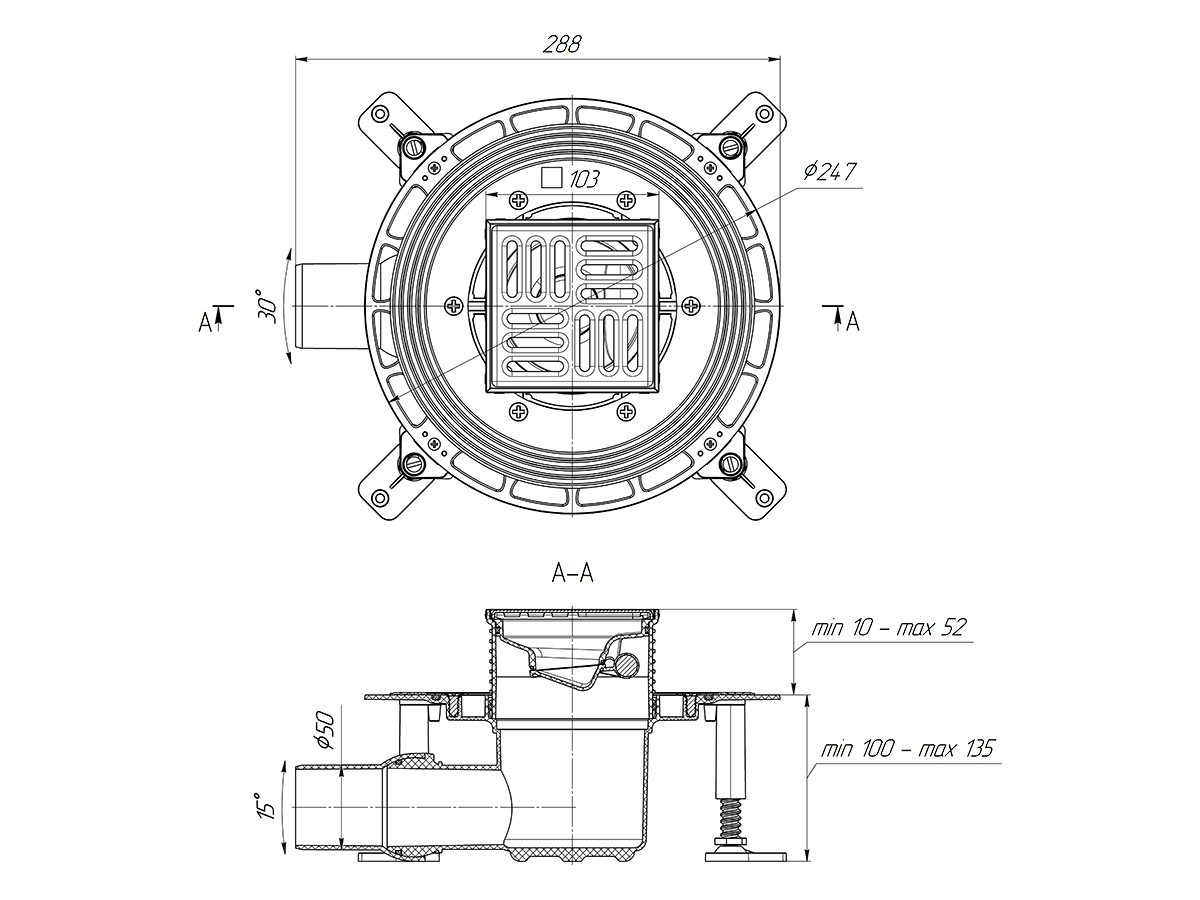 Трап для душа АНИ Пласт THQ5602 DN50 горизонтальный регулируемый с сухим затвором и решёткой из нержавеющей стали 100х100 мм