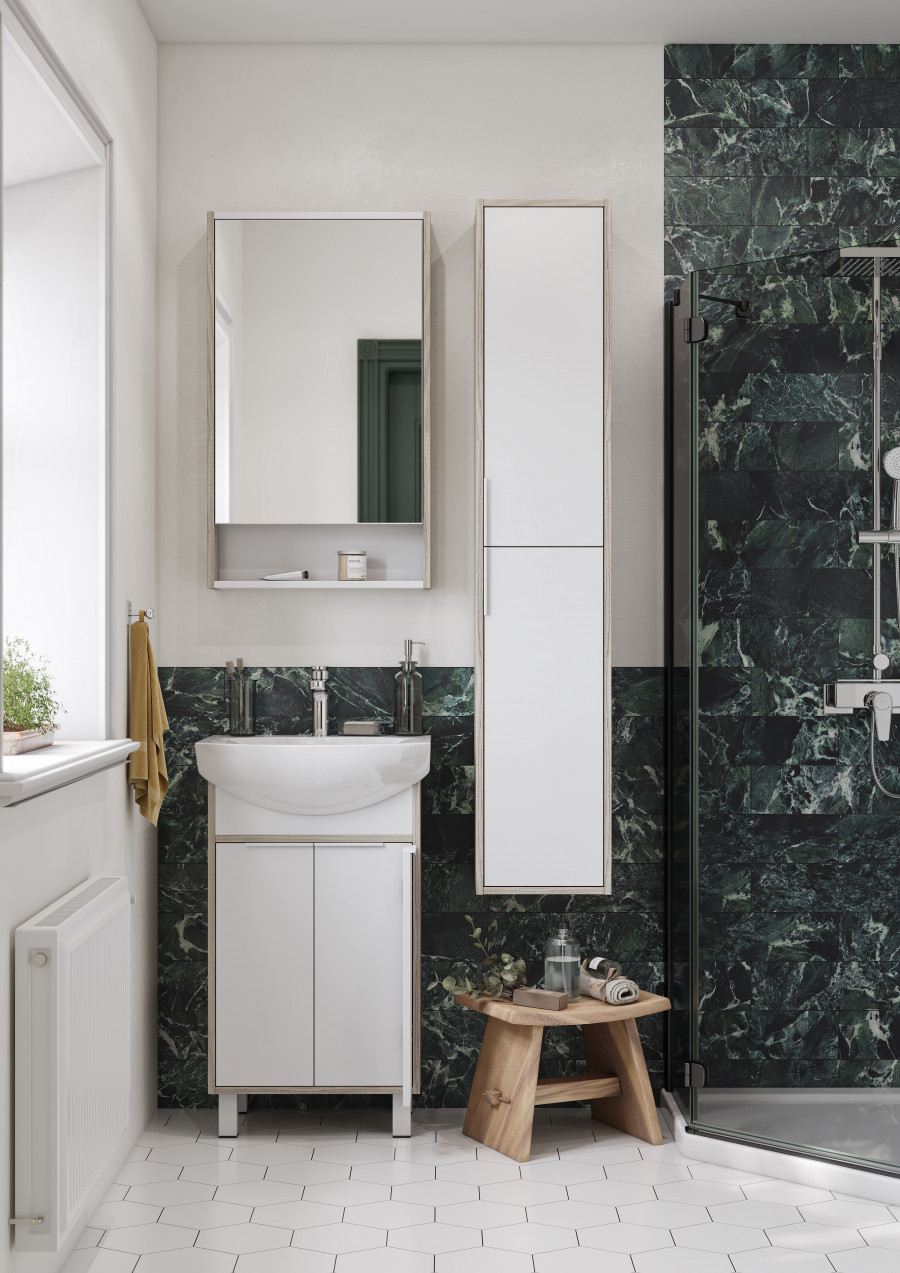 Зеркальный шкаф РИКО 50, белый, ясень фабрик