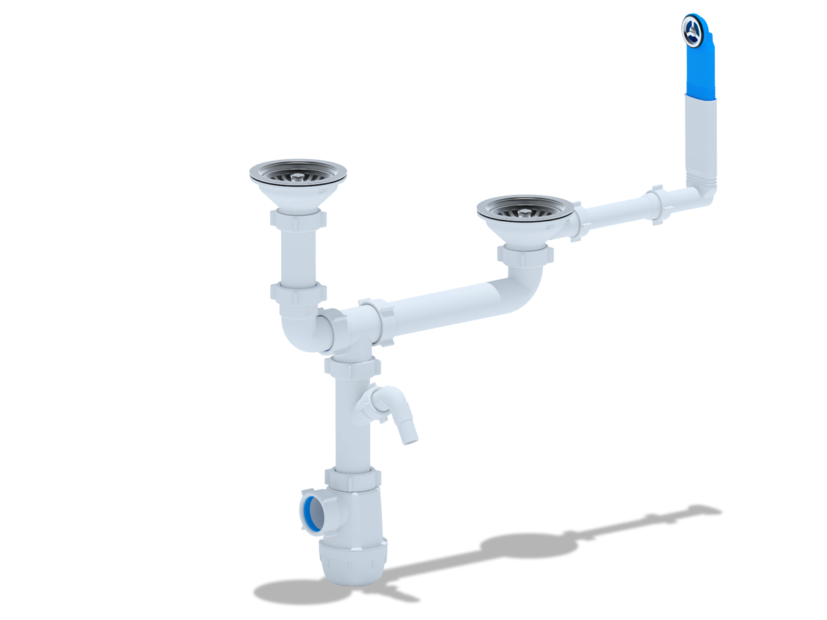 Сифон для мойки АНИ Пласт Грот A3700 3 1/2 дюйма 40 двойной разноуровневый с жестким переливом и отводом для стиральной машины