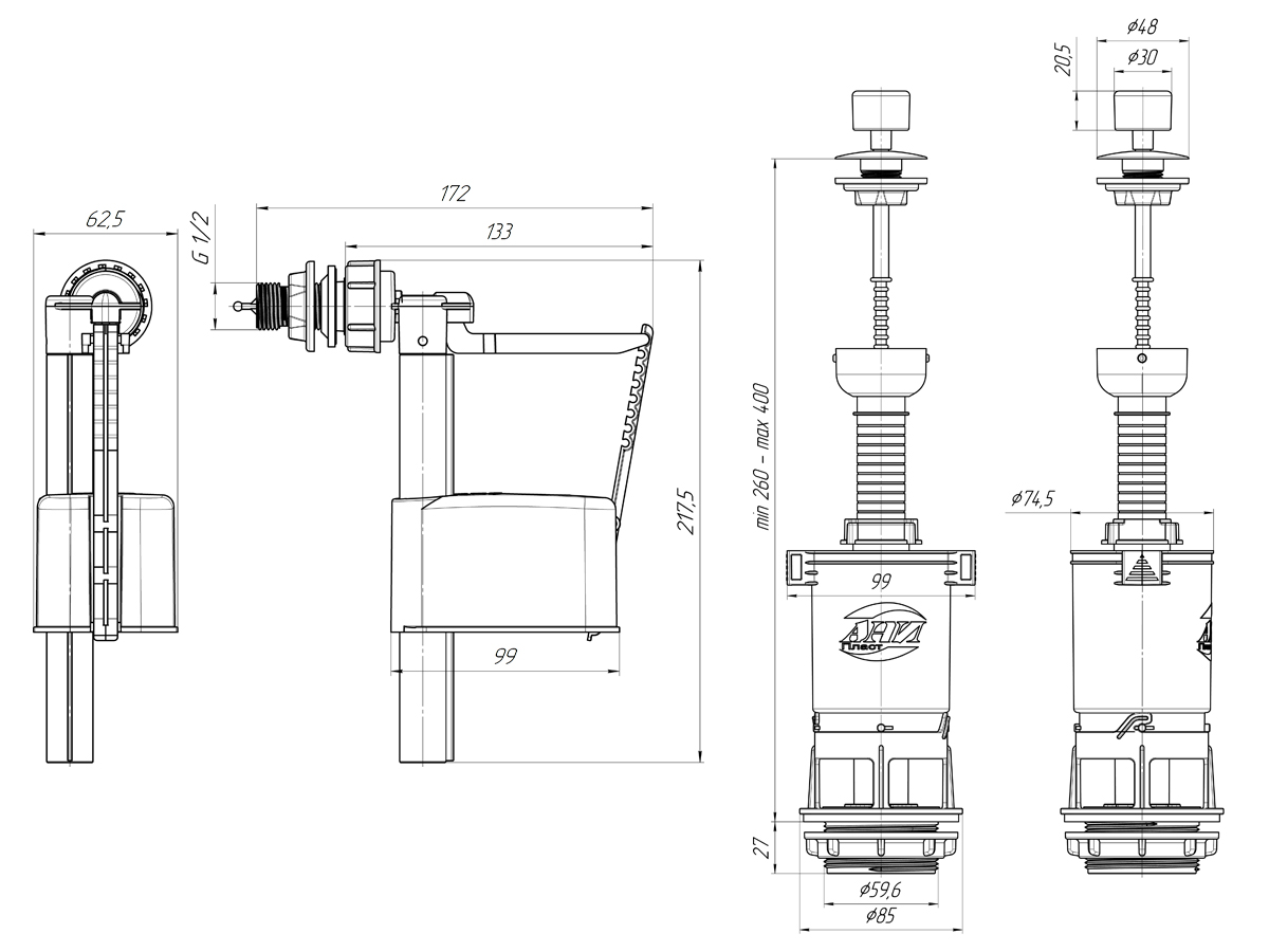Набор с боковой подводкой АНИ Пласт WC4050 1/2 дюйма с пластиковым штуцером эконом шток белый