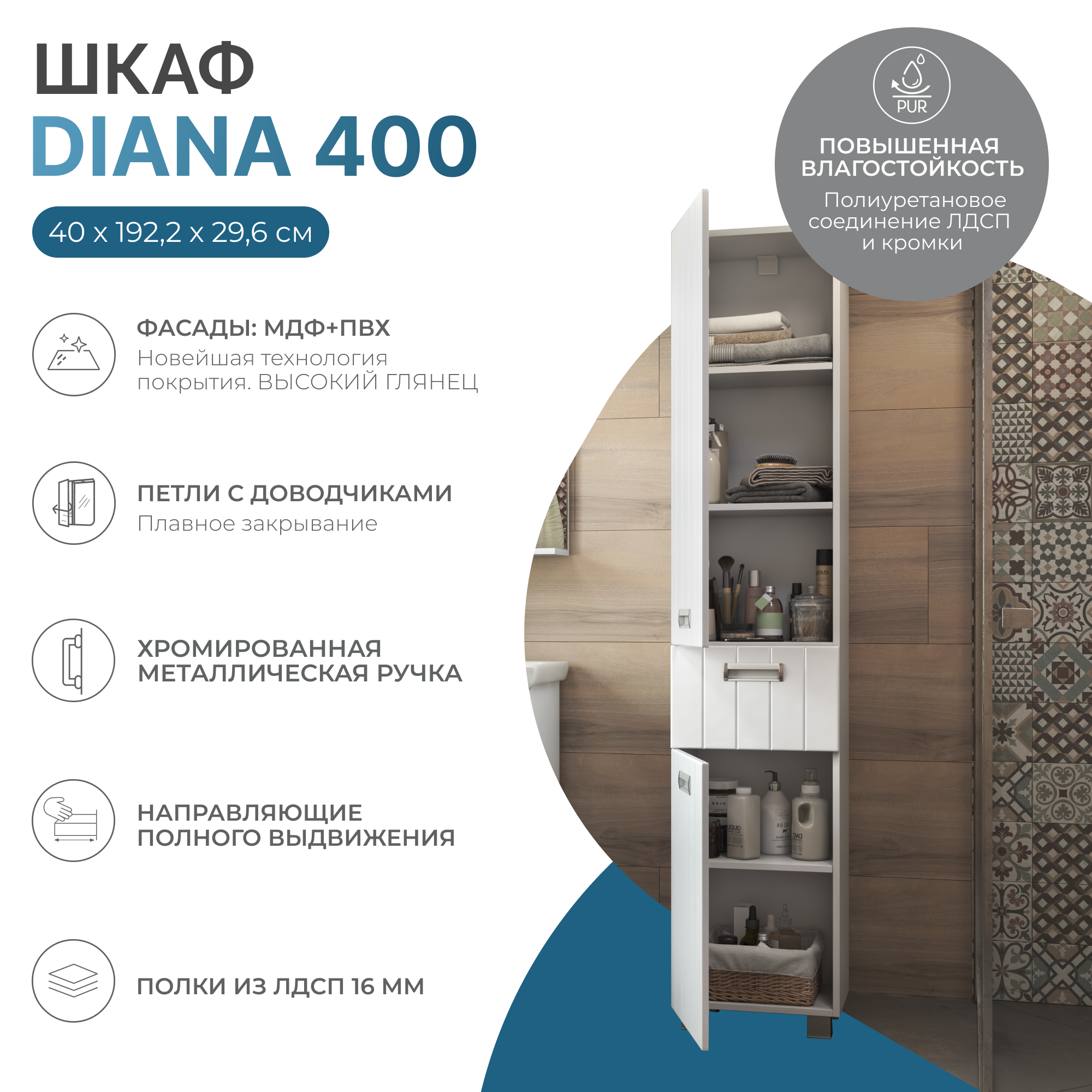 Шкаф-пенал VIGO Diana 40 напольный белый (pn.DIA.40)
