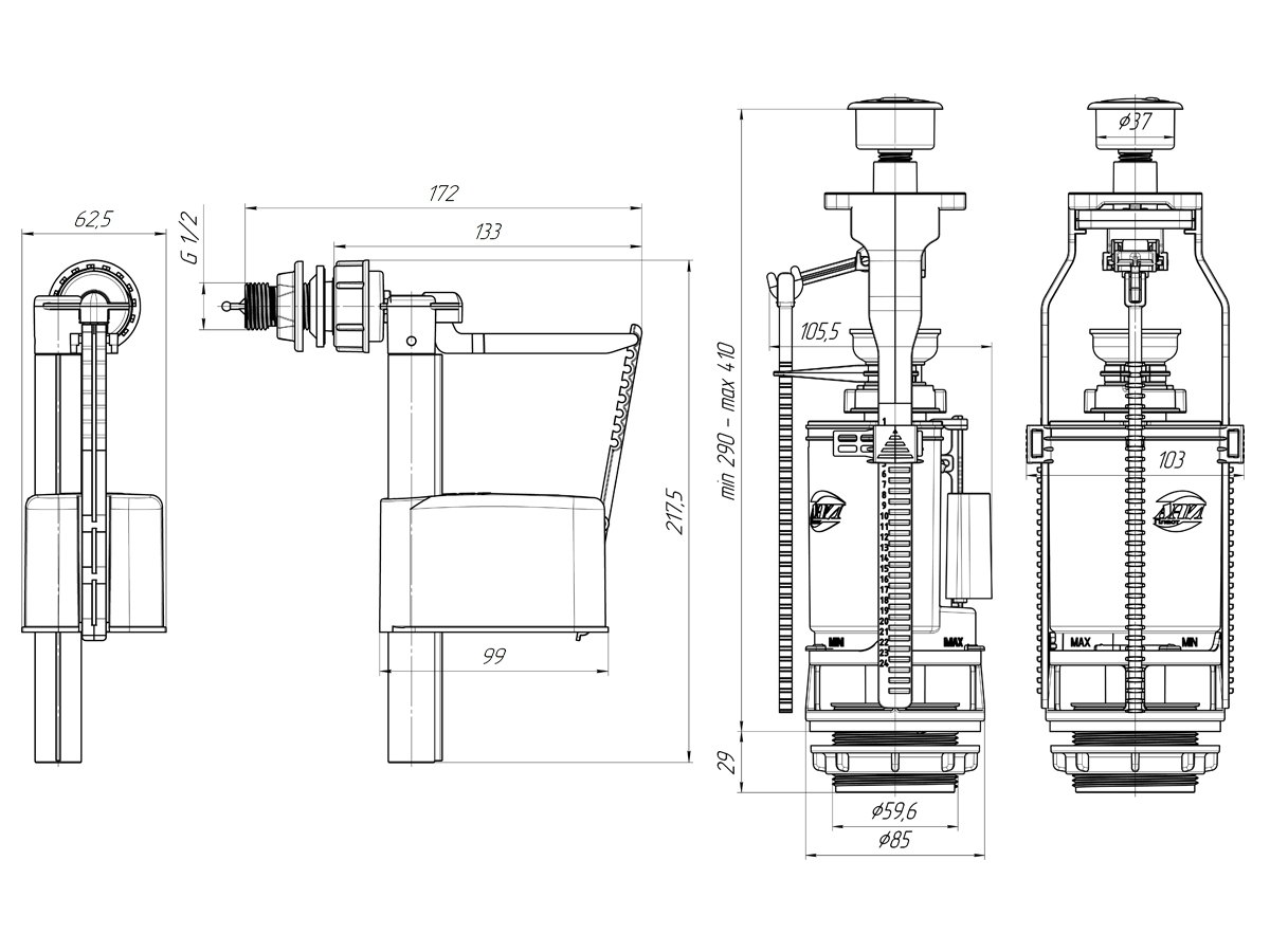 Набор с боковой подводкой АНИ Пласт WC3050C 1 1/2 дюйма с пластиковым штуцером двойная кнопка эконом хром