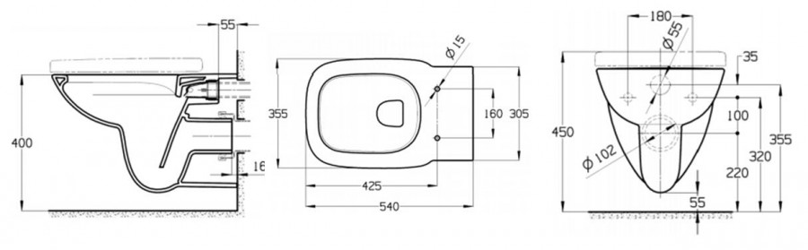 DEBBA Чаша подвесного унитаза 540мм, Rimless, белая. ROCA