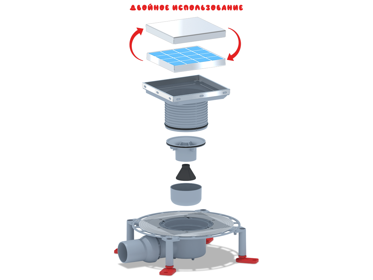 Трап для душа АНИ Пласт TVZ5812 DN50 горизонтальный регулируемый с комбинированным затвором и решёткой из нержавеющей стали 150х150 мм под плитку