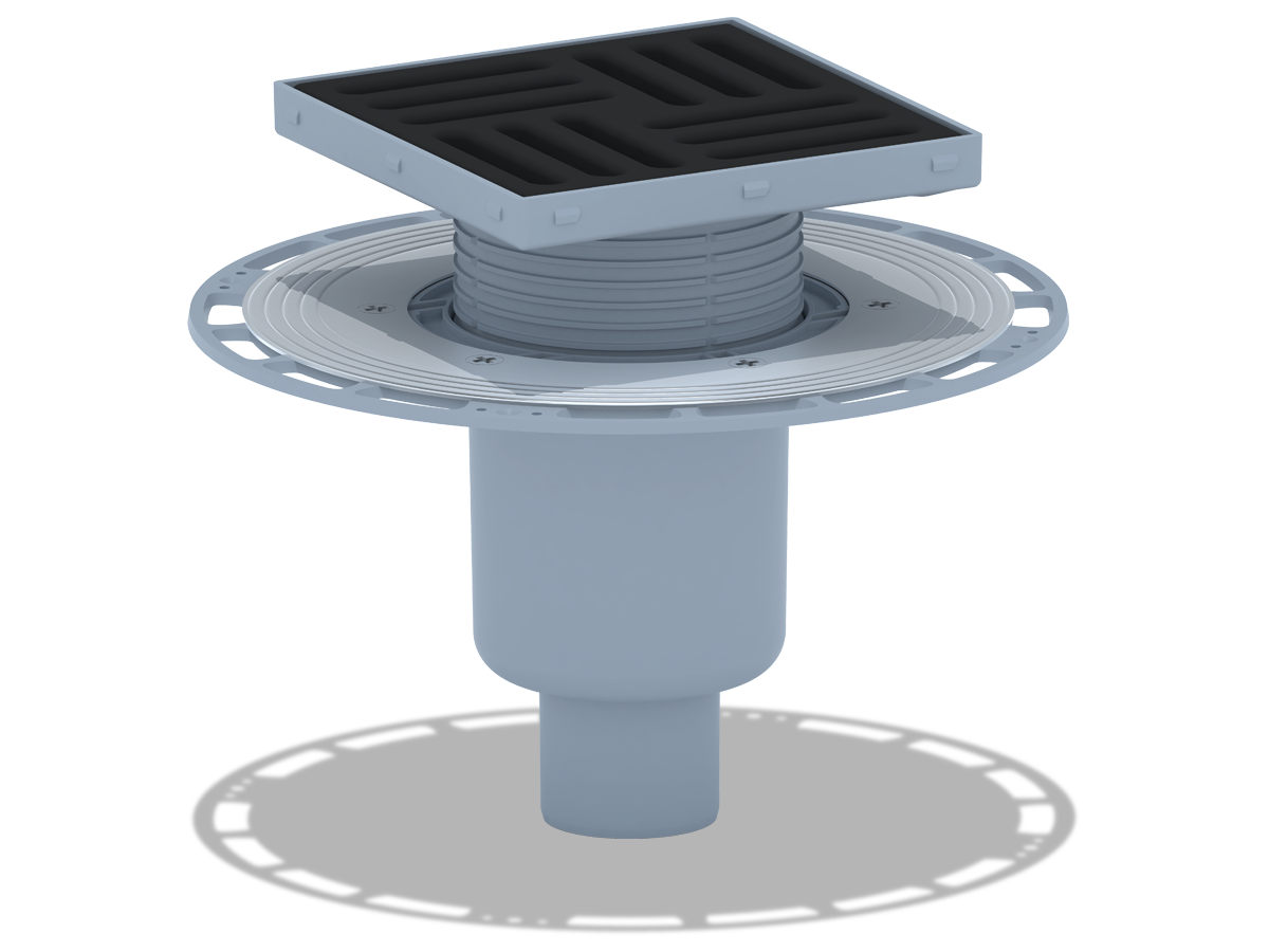 Трап для душа АНИ Пласт THQ5716 DN50 вертикальный регулируемый с сухим затвором и решёткой из чугуна 150х150 мм