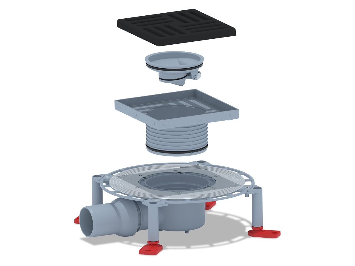 Трап для душа АНИ Пласт TVQ5616 DN50 горизонтальный регулируемый с сухим затвором и решёткой из чугуна 150х150 мм