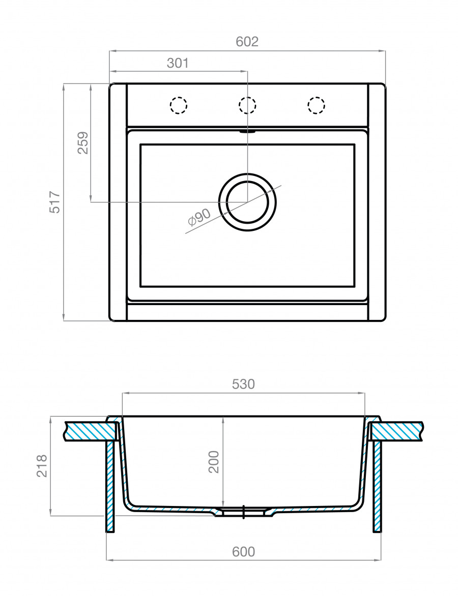 Мойка для кухни  Делия 60 602х517х218 мм, серый