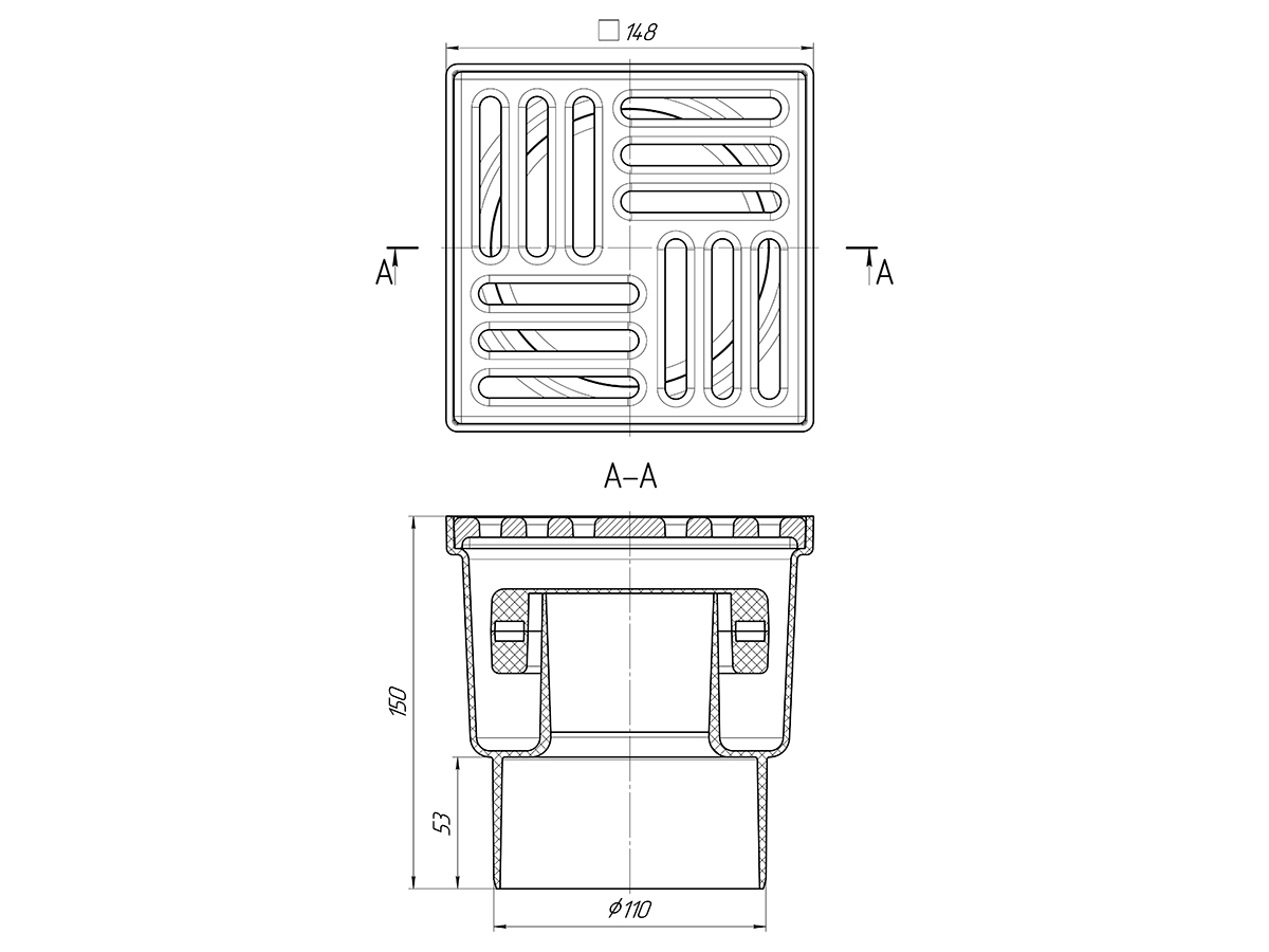 Трап для душа АНИ Пласт TQ1216 DN110 вертикальный нерегулируемый с сухим затвором и решёткой из чугуна 150х150 мм
