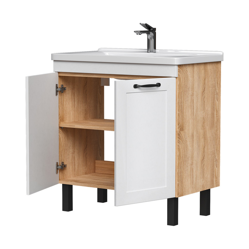 Тумба EQUIL Lago 80 напольная 2 дв. белый/дерево (под раковину Миранда 80)