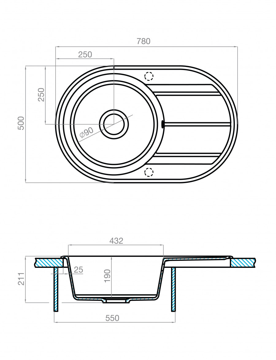 Мойка для кухни  Амира  780x500x211 мм, круглая с крылом, кофе