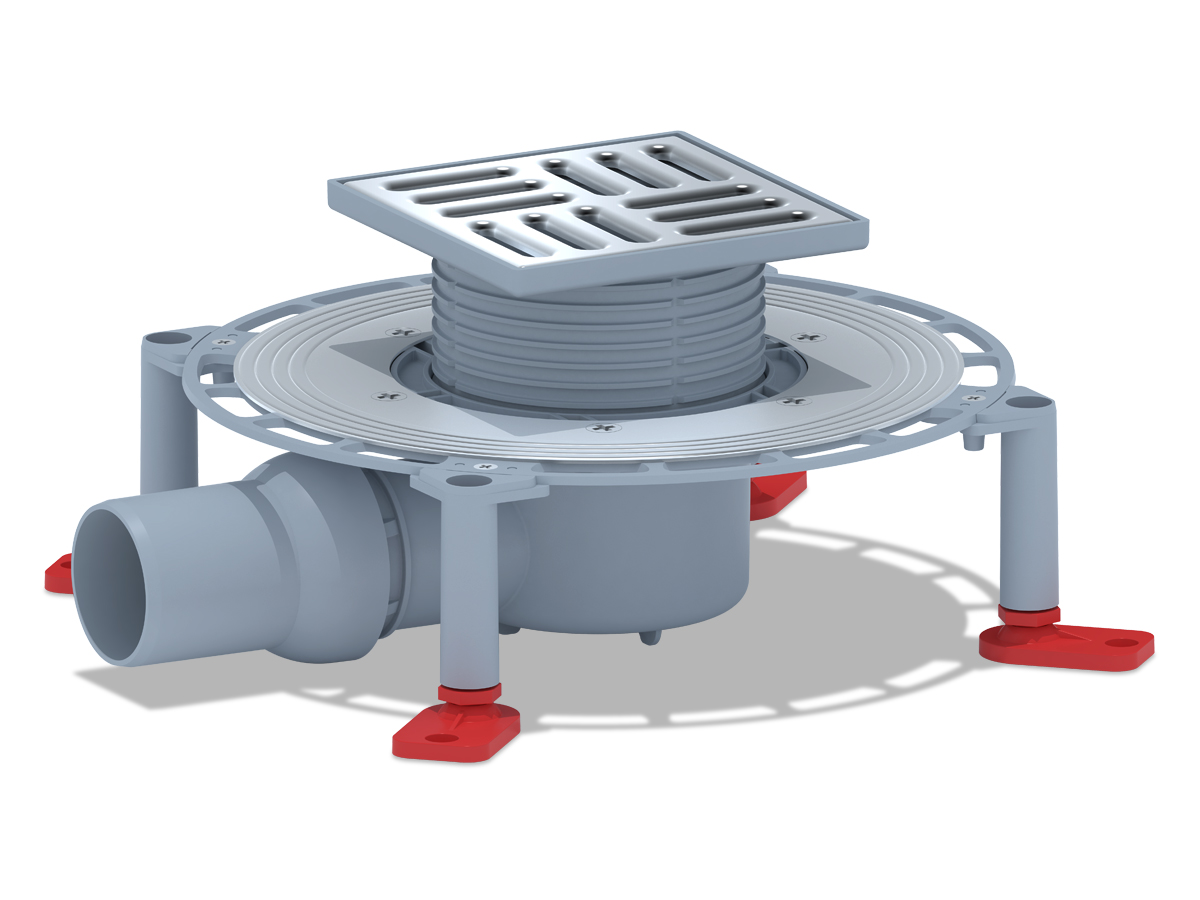 Трап горизонтальный регулируемый АНИ Пласт TVA5614 выпуск 50 мм с решеткой из нержавеющей стали 120х120 мм