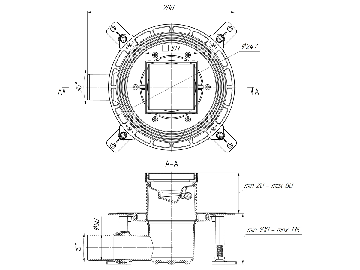 Трап для душа АНИ Пласт THQ5802 DN 50 горизонтальный регулируемый с сухим затвором и решёткой из нержавеющей стали 100х100 мм под плитку