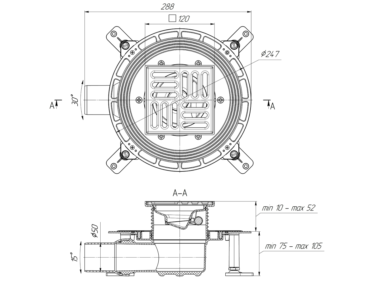 Трап для душа АНИ Пласт TVQ5614 DN50 горизонтальный регулируемый с сухим затвором и решёткой из нержавеющей стали 120х120 мм