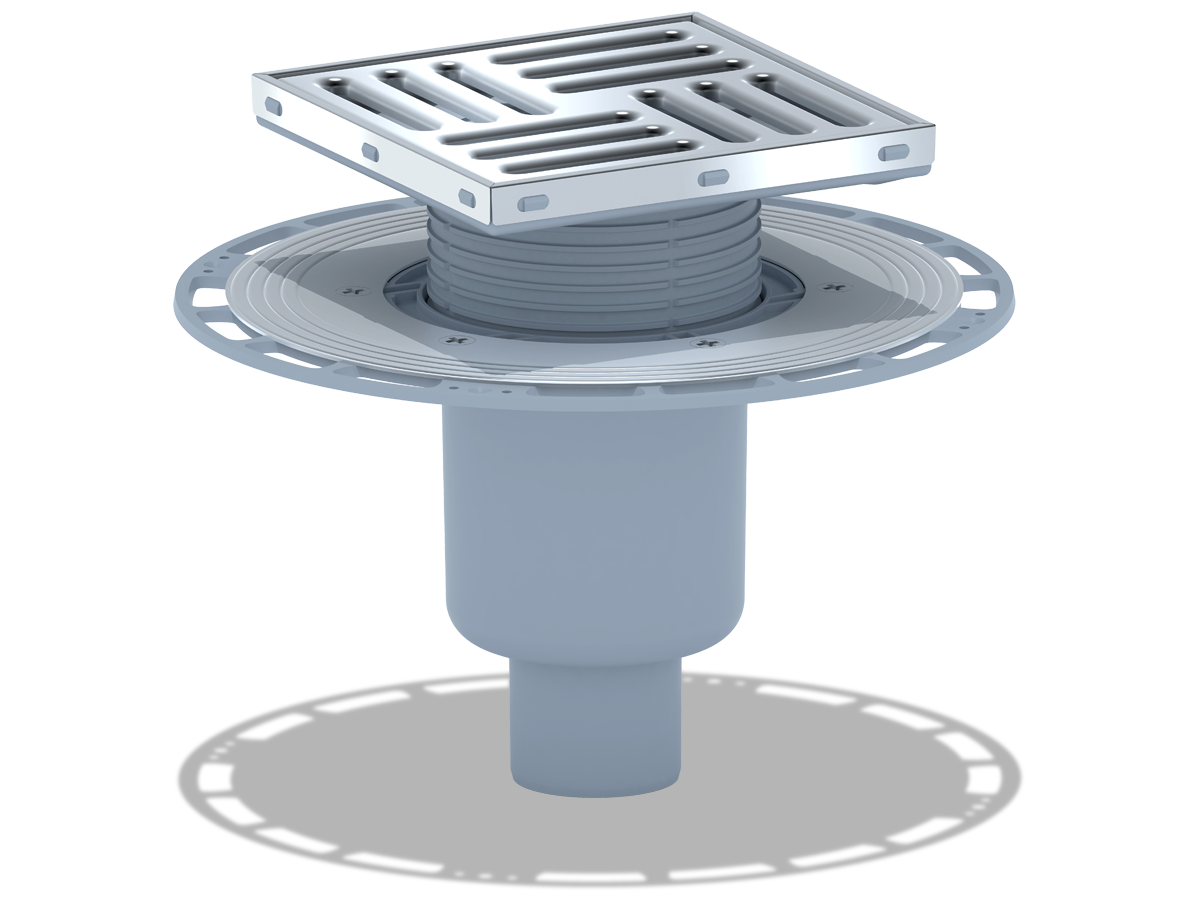 Трап вертикальный регулируемый АНИ Пласт THA5712 выпуск 50 мм с решеткой из нержавеющей стали 150х150 мм